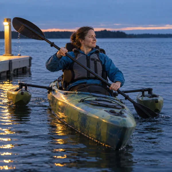 An adult in a flotation vest paddles an outrigger-equipped kayak beside a floating dock at blue hour, with water droplets falling from one paddle blade and…