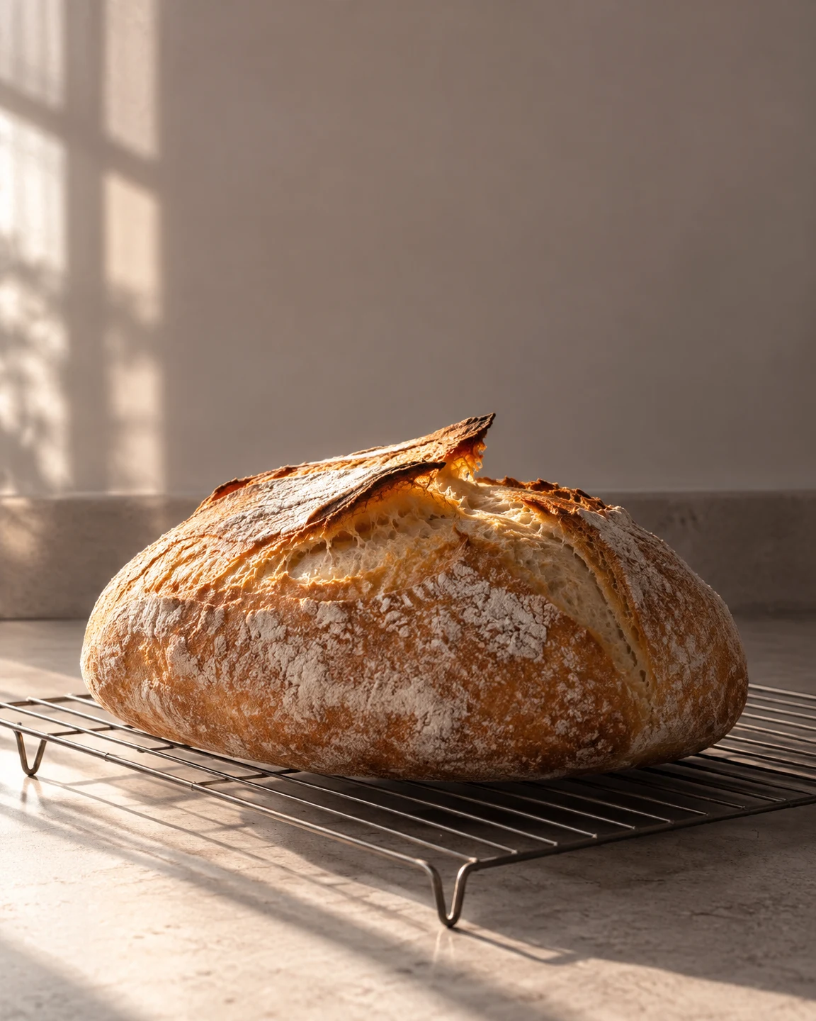 A flour-dusted oval loaf with a lifted split crust sits on a wire cooling rack on a kitchen counter, lit by warm sunlight against a softly shaded wall.