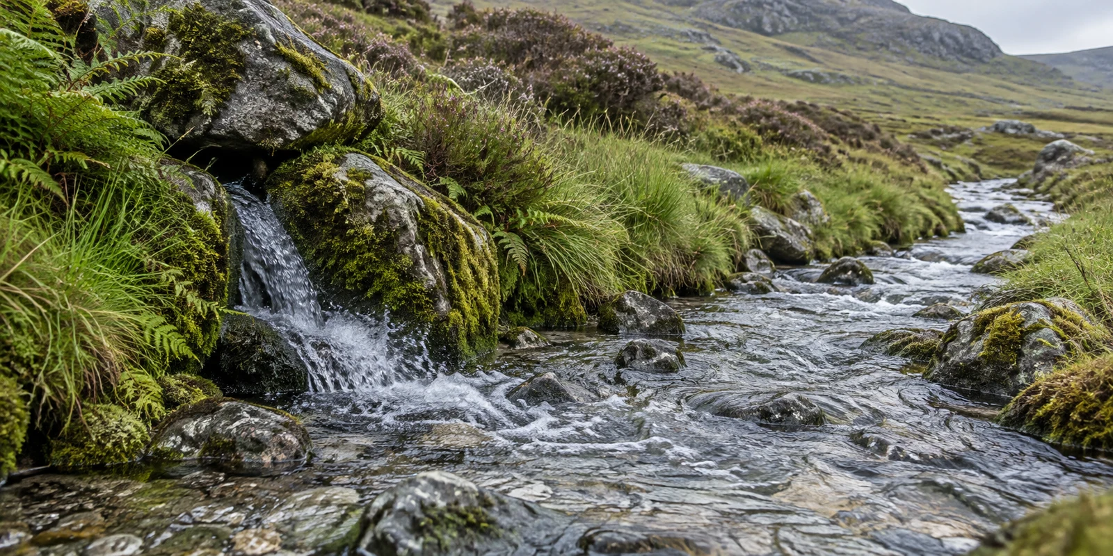 A narrow stream emerges beneath moss-covered grey rocks and rushes over pale stones across a grassy upland hillside, with ferns and low heather along its banks.