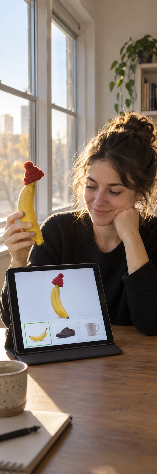A woman in a dark sweater smiles while holding a banana topped with a tiny red knit hat beside a tablet displaying the same image above banana, shoe and mug…