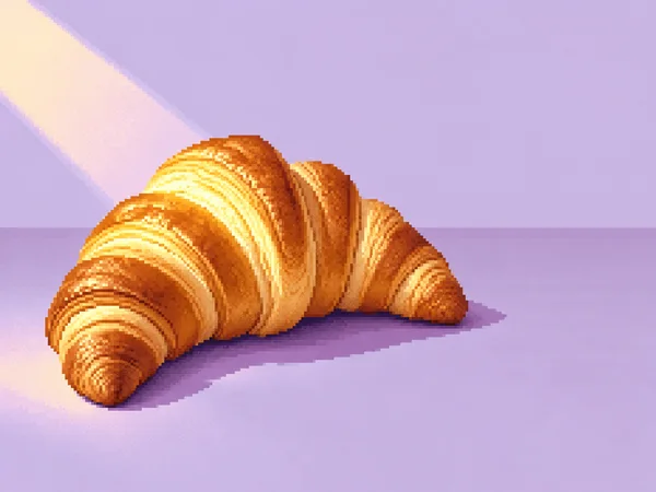 A golden pixel-art croissant rests on a lavender tabletop, lit by a broad diagonal beam and casting a plum-colored shadow; empty lavender space fills the right…