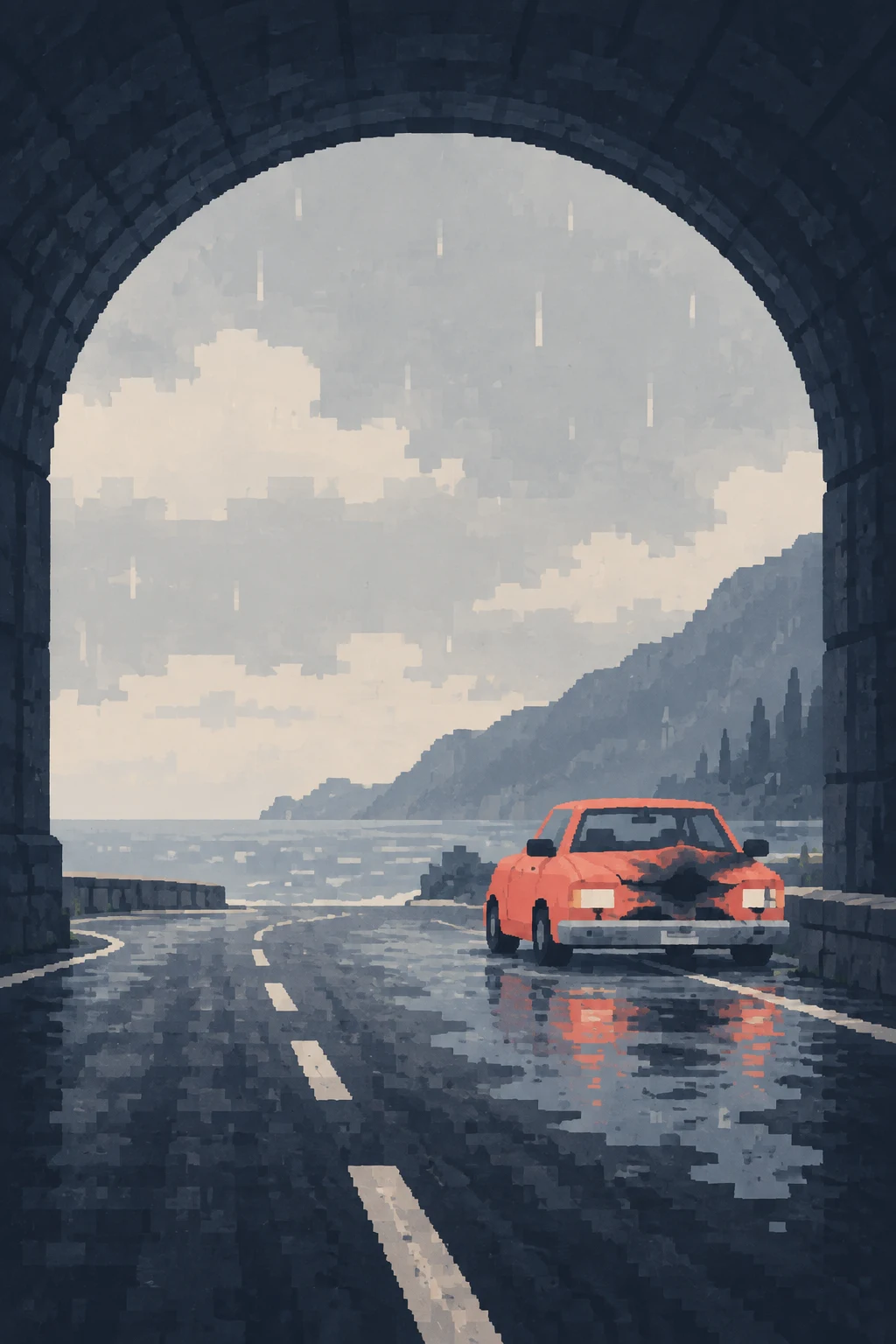 A coral car with a dark soot mark across its bonnet sits on a wet road near the right side of a large dark-blue tunnel opening.