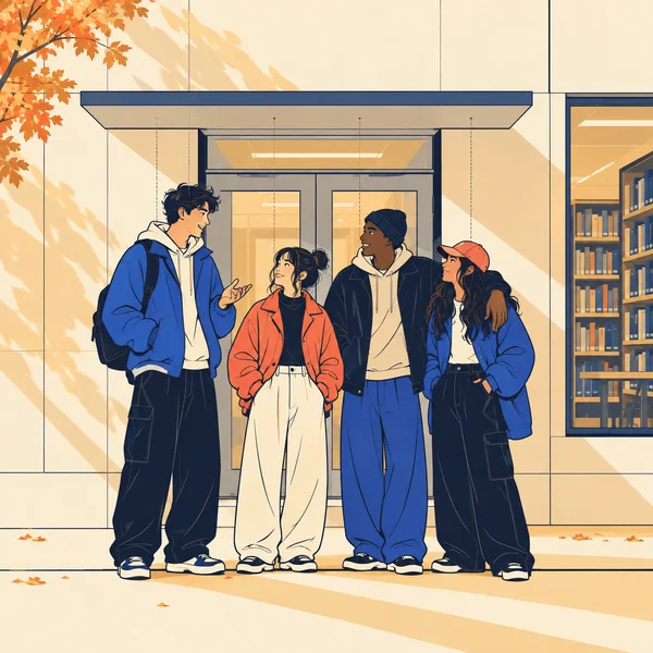 Four casually dressed friends stand together on a ground line outside a library entrance, with thin vertical guides marking their heights.