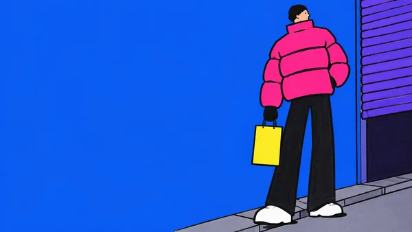 A stylized shopper in an oversized fuchsia puffer jacket, long black trousers and broad white shoes stands beside a violet shop shutter, holding a yellow…