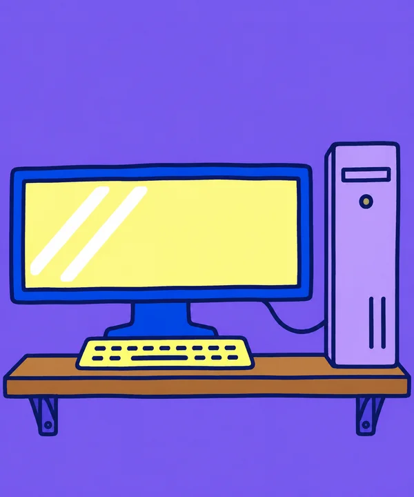 A hand-drawn desktop computer sits on a long brown wall shelf against a violet background.
