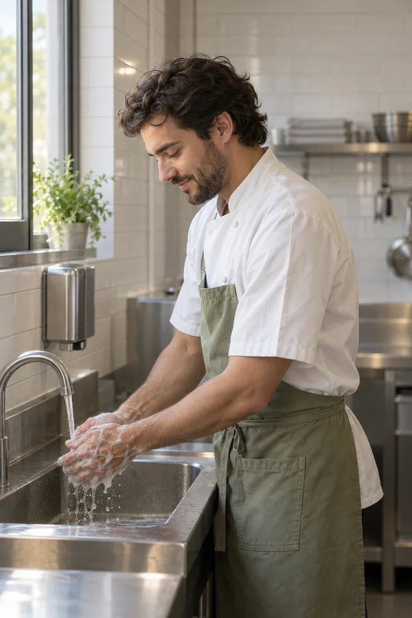 A chef in an ivory jacket and sage apron washes soapy hands at a stainless-steel sink in a bright tiled kitchen, with daylight entering through a window on the…