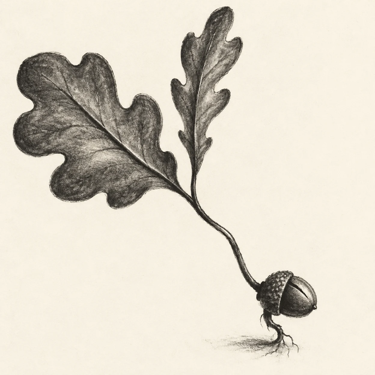 A charcoal-style botanical illustration shows a split acorn in the lower-right area, with a curved stem rising diagonally to two oversized oak leaves against…