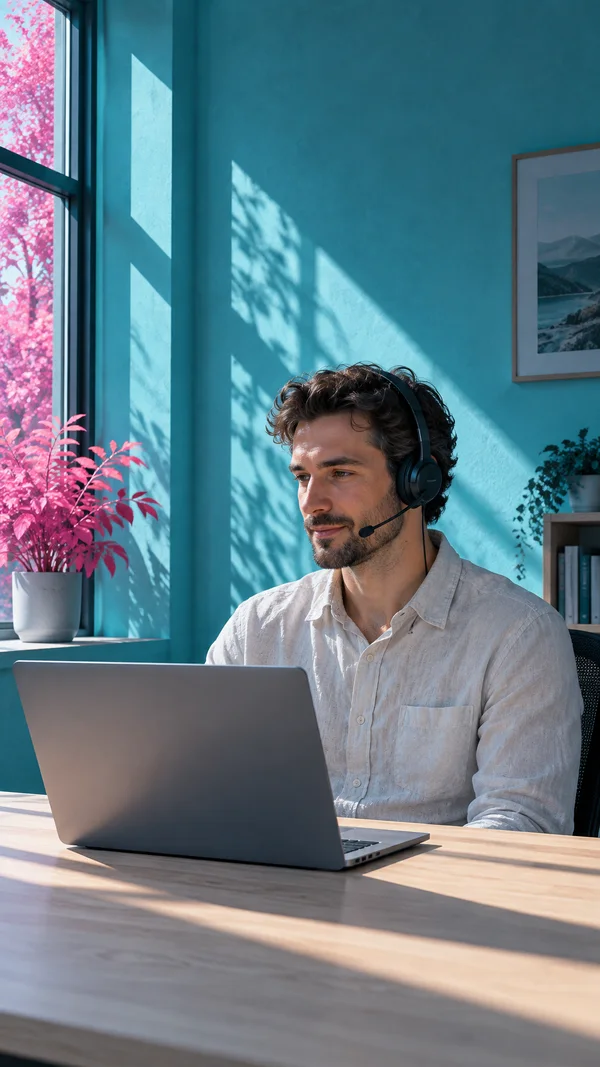A man in a light linen shirt sits at a pale wooden desk wearing a black headset and looking toward an open laptop.