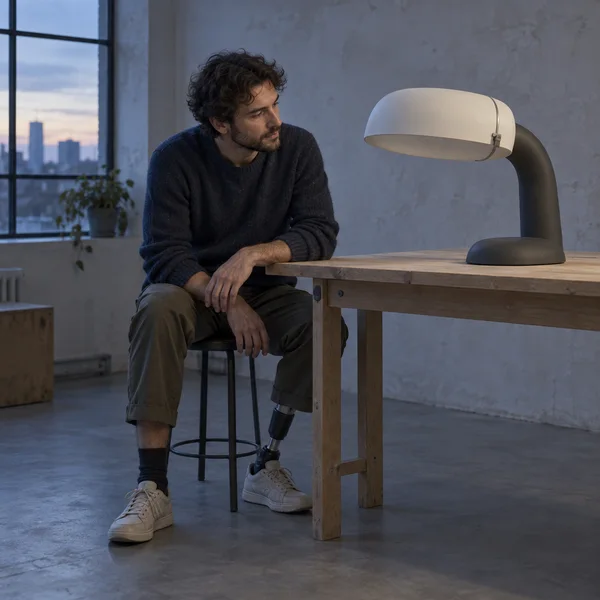 A bearded man sits on a stool in a dim workshop, studying a large ivory-shaded lamp prototype on a wooden table; his prosthetic lower leg is visible beneath…