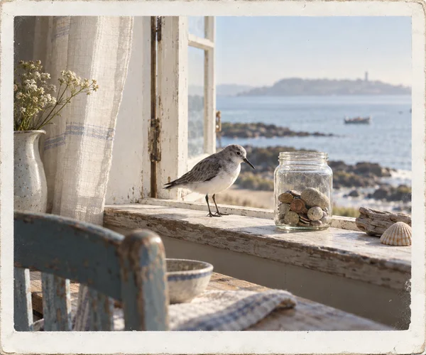 A small gray-and-white seabird stands on a weathered windowsill beside a glass jar of coins and smooth stones.