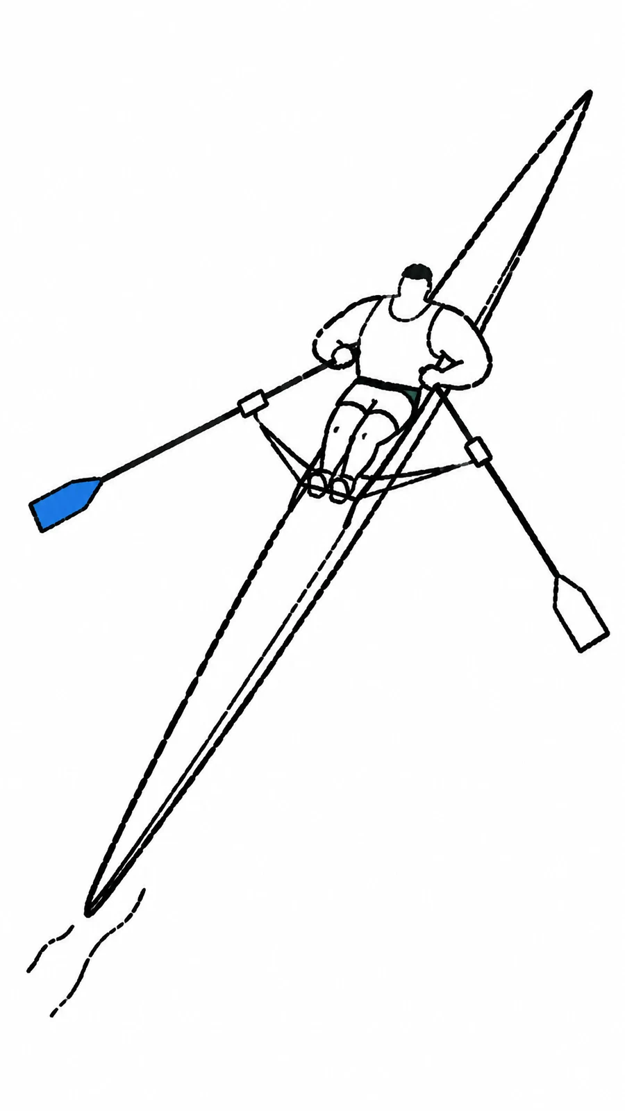 A broad-shouldered rower sits in a long, narrow white shell, holding two oars with outriggers; one blade is blue and two short wake marks trail behind on a…