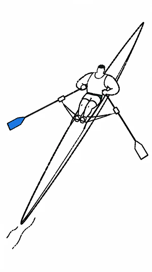 A broad-shouldered rower sits in a long, narrow white shell, holding two oars with outriggers; one blade is blue and two short wake marks trail behind on a…