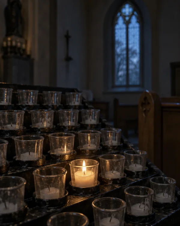 A single lit votive candle sits among unlit glass holders on a black iron rack inside a dim church, with a blue pointed-arch window and the edge of a wooden…