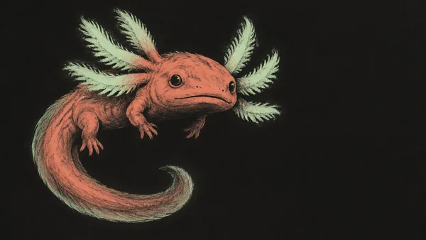 A coral-colored axolotl with six pale mint gill fans floats against a charcoal-black background, its long tail curling in a broad loop beneath it and open…