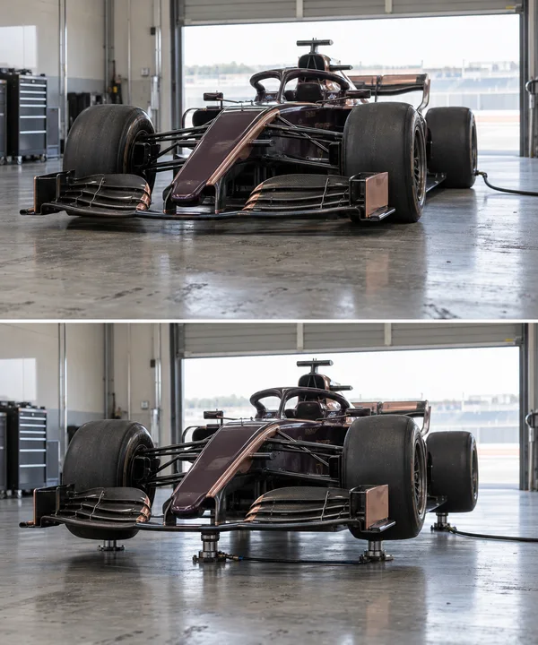 Two stacked views show a satin dark aubergine single-seat racing car in an empty garage: resting on the concrete in the upper image and raised on metal…