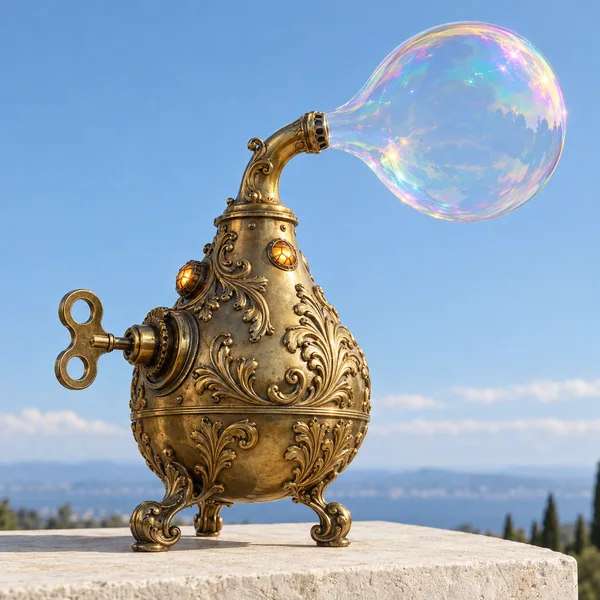 An ornate pear-shaped brass bubble-making machine with curled feet, a side winding key and two glowing amber lamps stands on a pale stone pedestal beneath a…