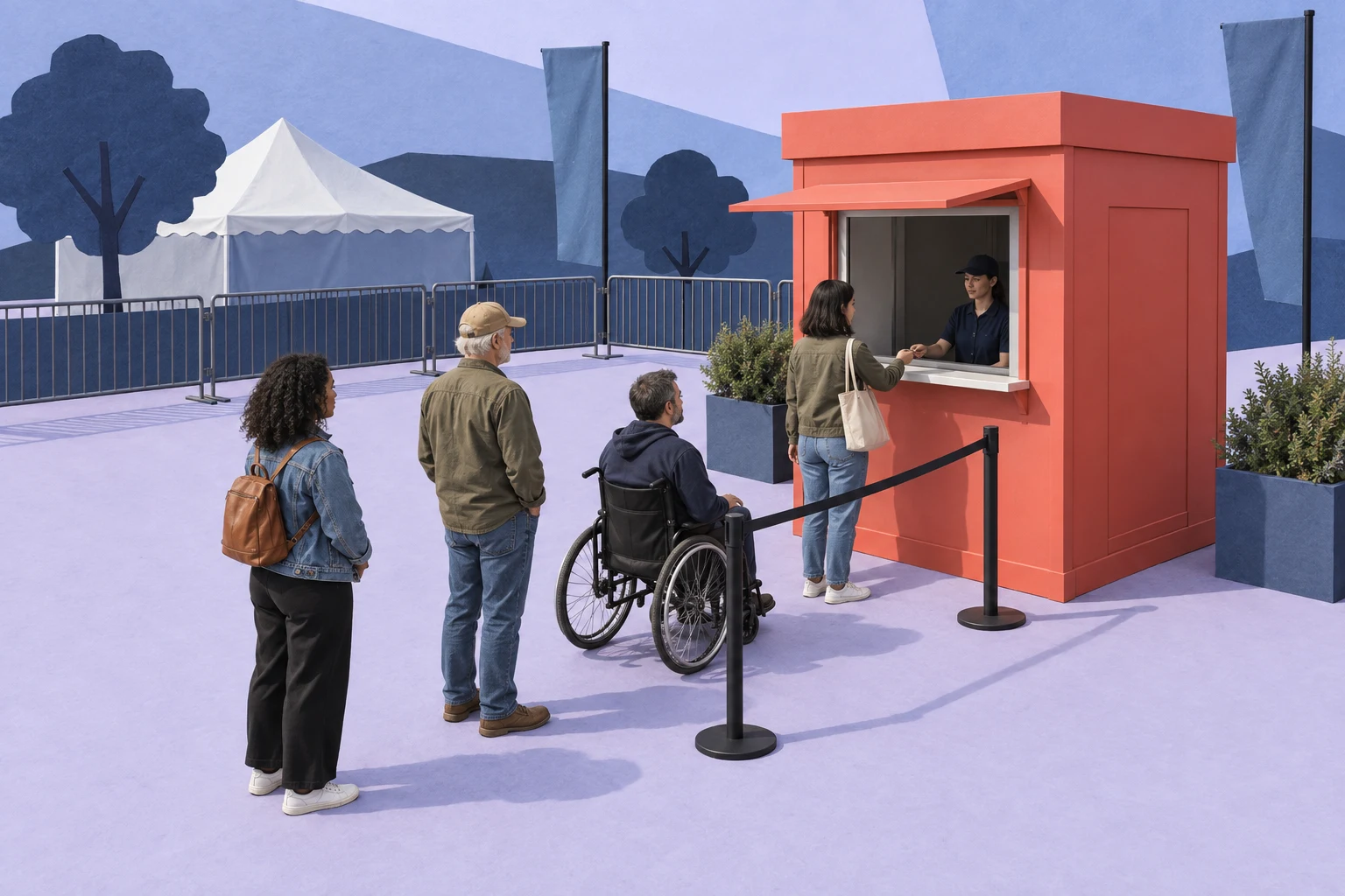 Four adults queue at a coral-red admission booth, including a person in a wheelchair; an attendant serves a customer through the open window.