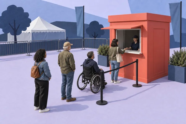 Four adults queue at a coral-red admission booth, including a person in a wheelchair; an attendant serves a customer through the open window.