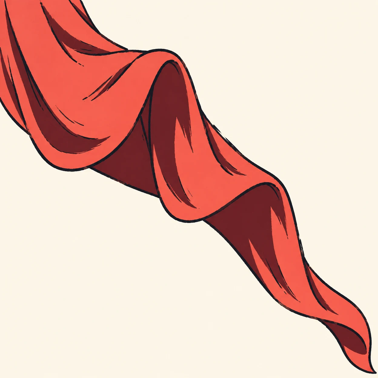 A coral-red fabric swath with broad burgundy shadows and loose black marker outlines sweeps diagonally across a warm ivory background, leaving open space at…
