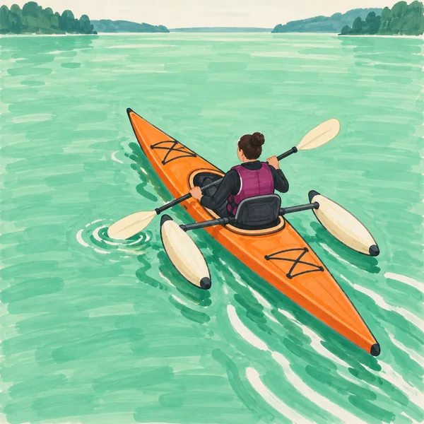 A person in a plum vest paddles a long orange kayak with two cream stabilizing floats across mint-green water, viewed from above and behind; a distant…