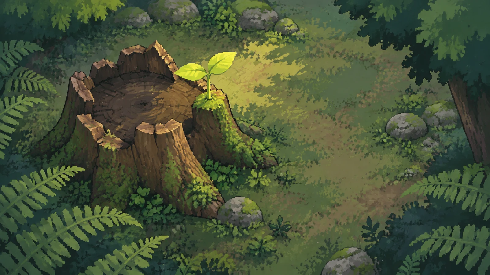 A broad broken tree stump sits left of centre in a forest clearing, with a bright green two-leaf shoot growing from its rim.
