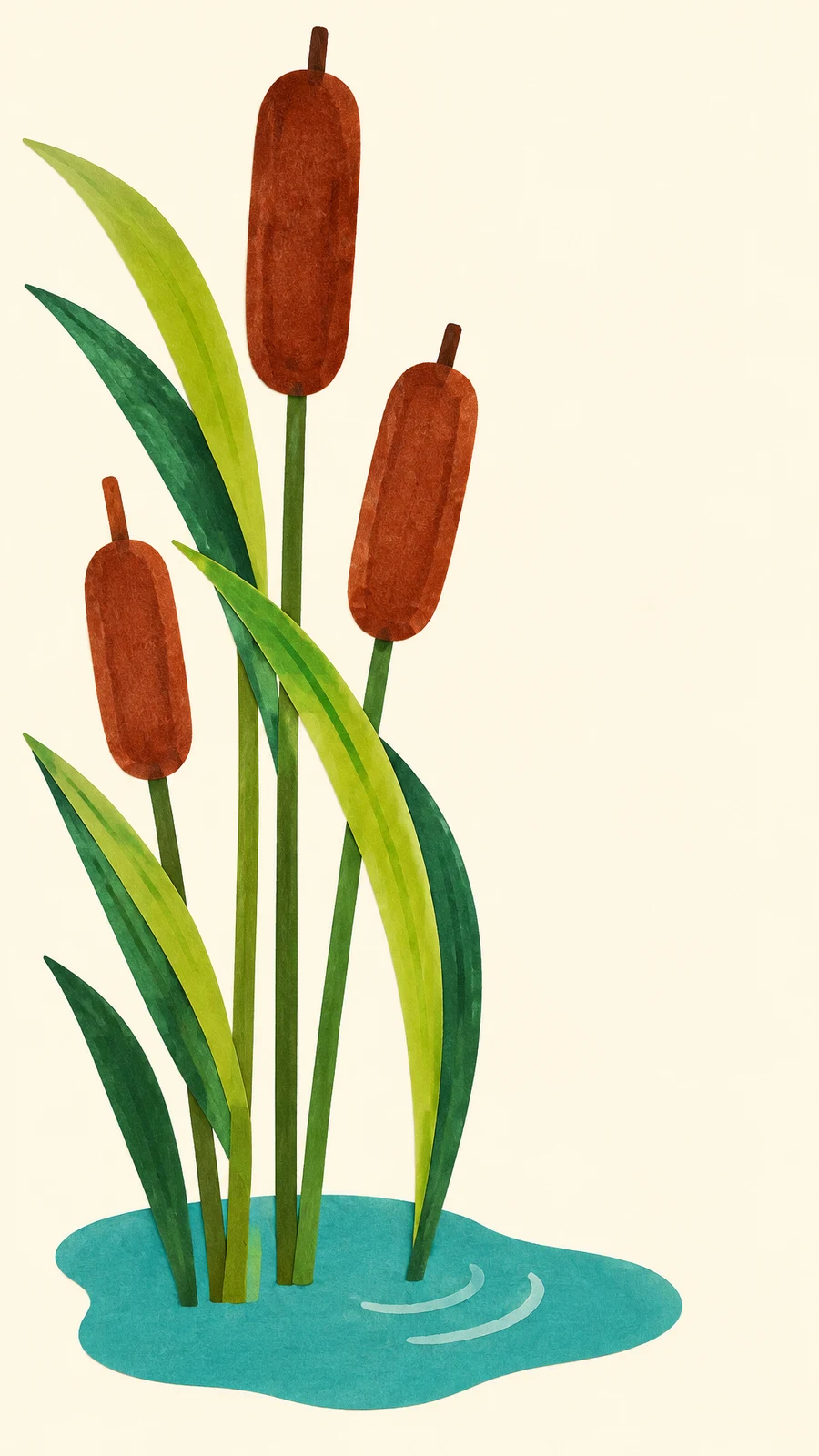 A stylized cluster of three rust-brown cattail seed heads and long green leaves rises from a turquoise patch of water against a warm cream background, with two…