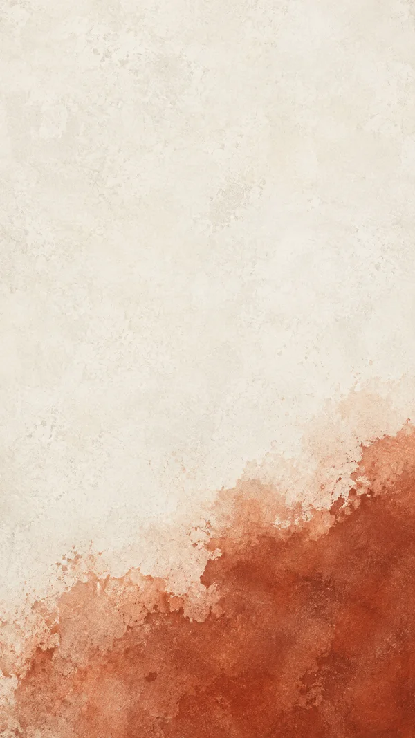 A vertical abstract painting with a warm off-white, mottled mineral surface and a broad rust-red wash spreading across the lower edge, with an irregular pale…