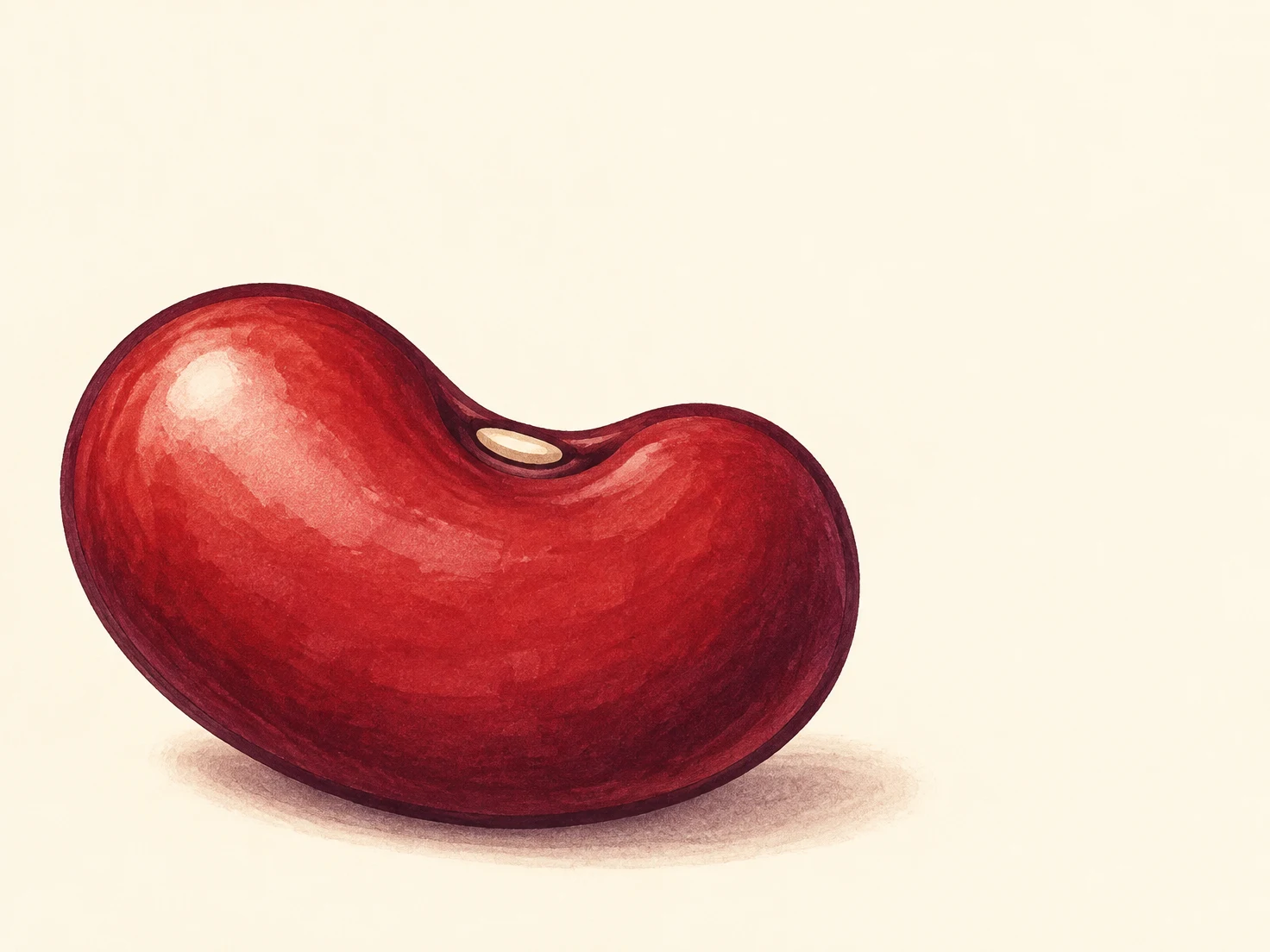 A large, squat red kidney bean with a pale seed scar sits on a warm cream background, lit from the upper left and casting a soft shadow below.