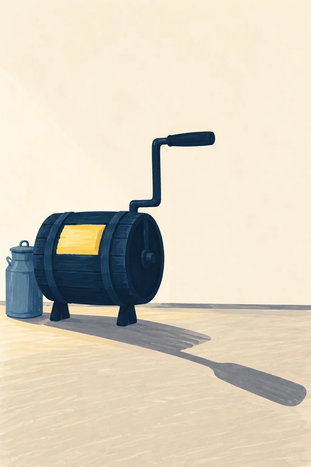 A dark navy barrel butter churn with an upright hand crank and a yellow side panel sits on two supports beside a muted blue lidded milk can.