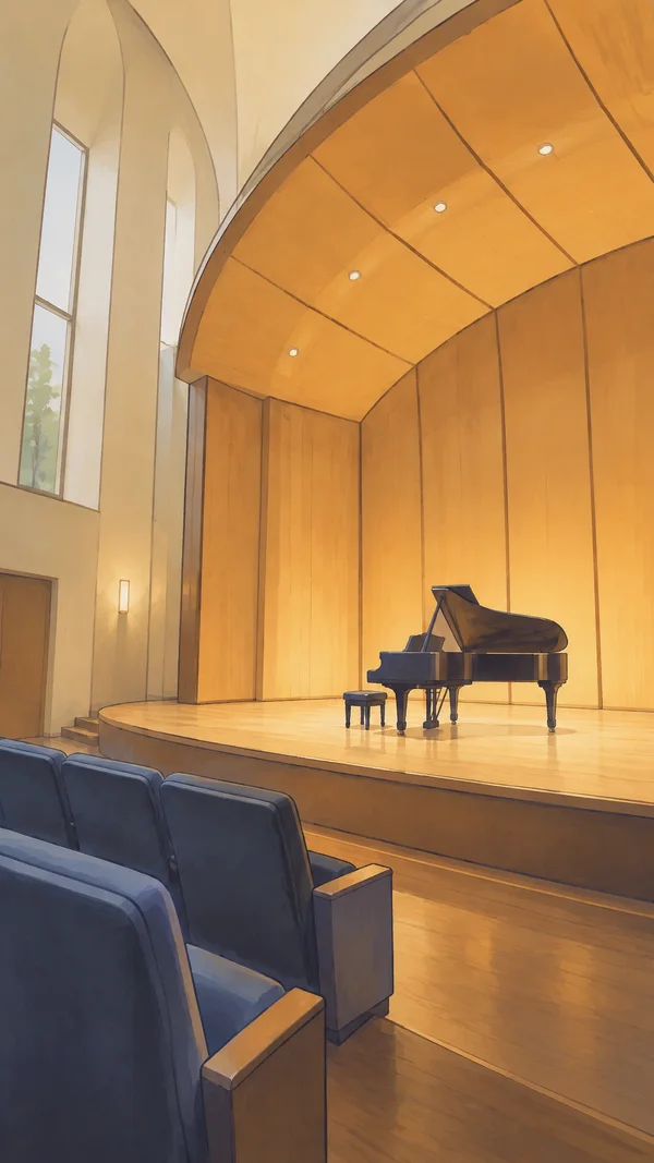 A warm honey-coloured acoustic shell curves over a low recital stage with a charcoal grand piano and bench.