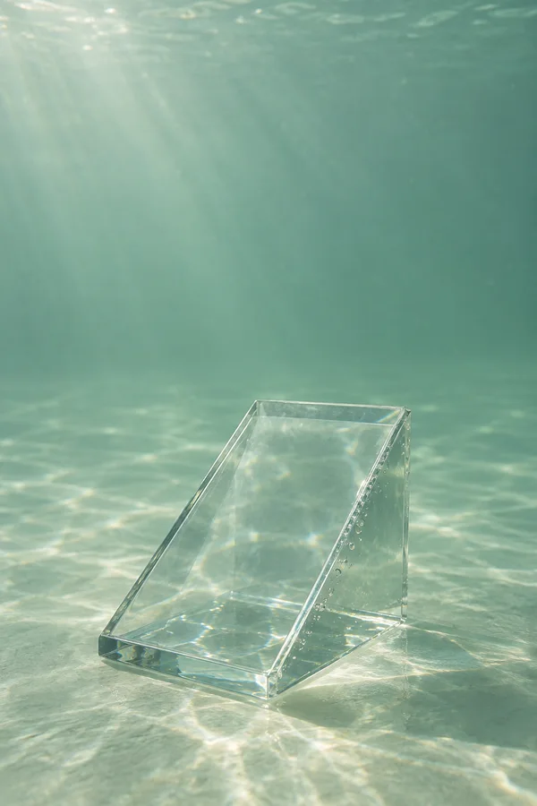 A clear, wedge-shaped display stand rests on a pale green underwater floor, with small bubbles along one edge and sunlight patterns across the scene.