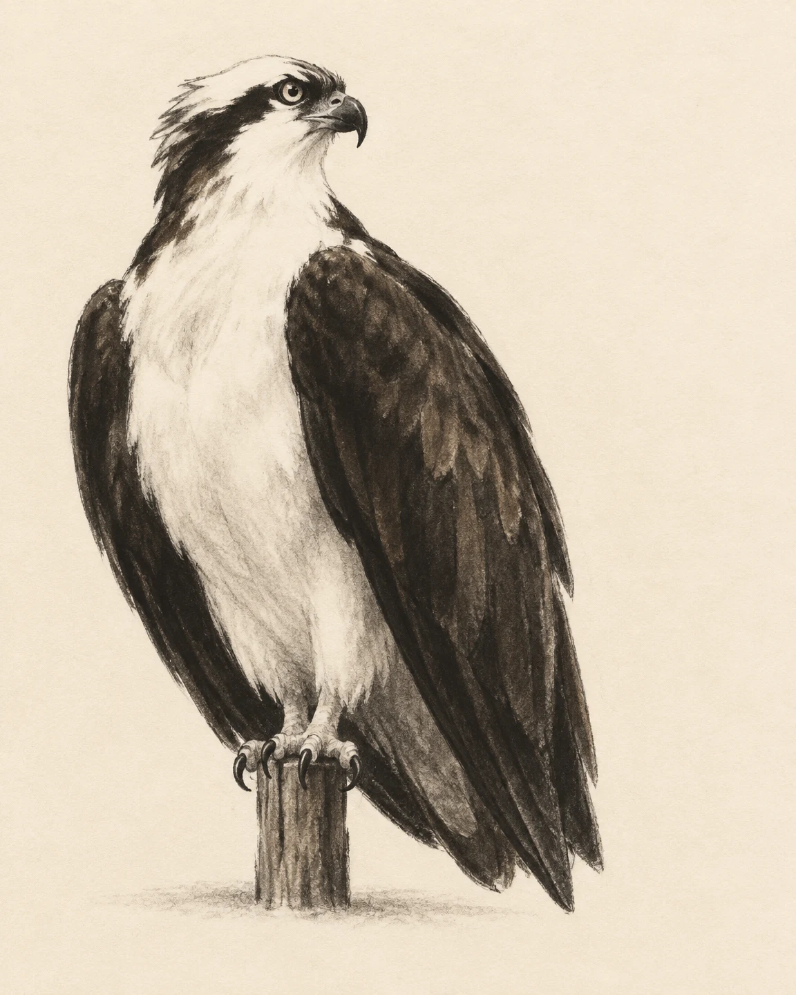 A large charcoal illustration of an osprey perched on a short wooden post against warm ivory paper, its white chest prominent and its head turned upward to the…