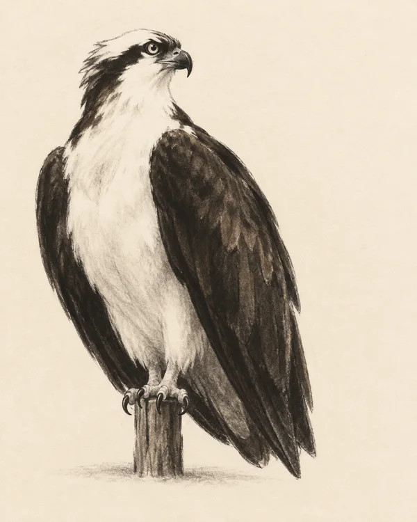 A large charcoal illustration of an osprey perched on a short wooden post against warm ivory paper, its white chest prominent and its head turned upward to the…