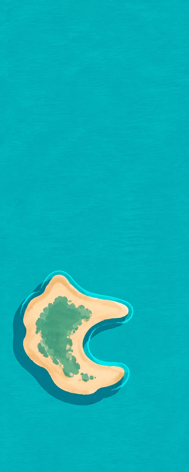 A top-down hand-drawn illustration of an asymmetrical sand-colored island in turquoise water, with muted teal vegetation, a deep crescent inlet on the right…