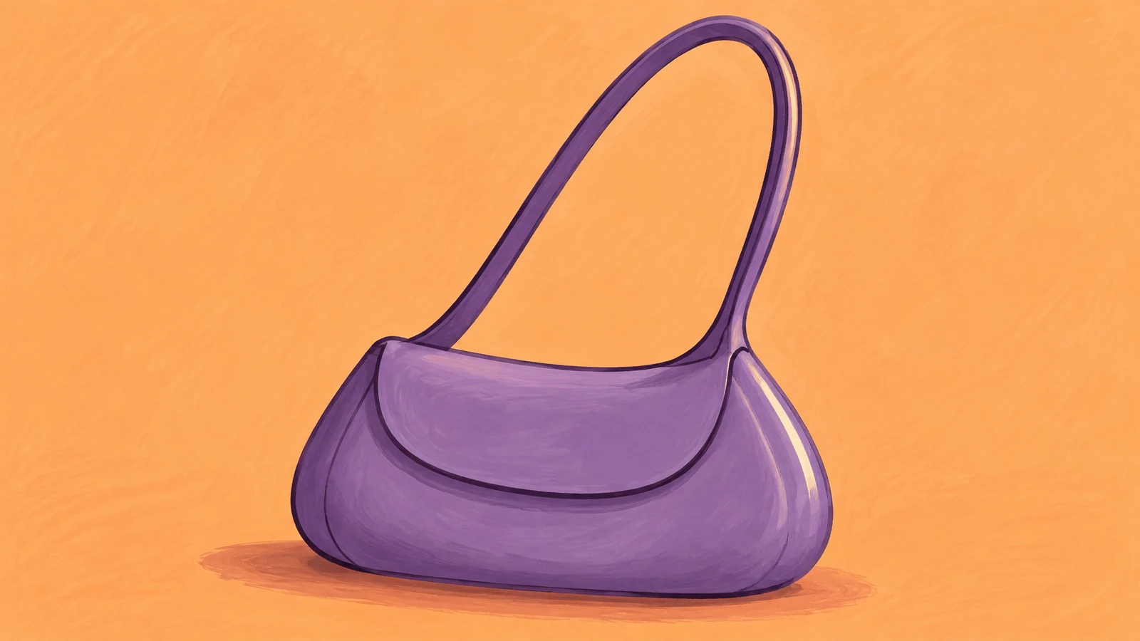 A wide, squat violet handbag with a curved flap and oversized loop handle sits against a warm apricot background, with a muted terracotta shadow beneath it.