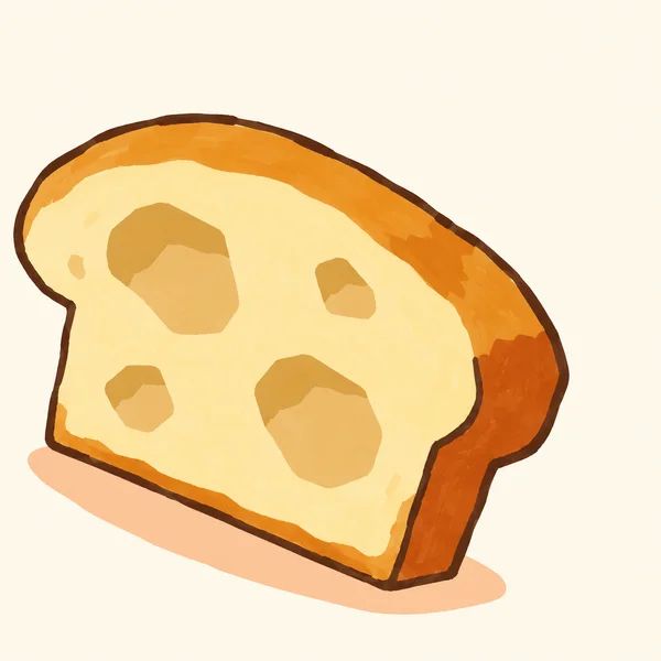 A thick, diagonally tilted slice of bread with a broad domed top, pale crumb, four large golden crumb holes, an ochre crust, and a burnt-orange right edge…