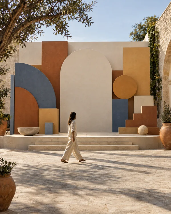 A person in light neutral clothing walks across a sunlit stone courtyard in front of a large geometric installation of ivory, terracotta, ochre, and muted blue…