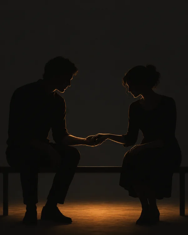Two dark silhouetted adults sit at opposite ends of a plain bench, leaning toward each other as their hands meet above a small pool of amber light on the floor.