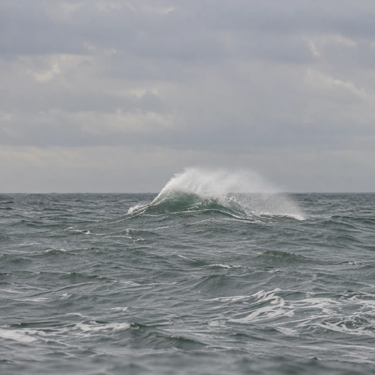 A solitary grey-green ocean wave breaks in the middle distance, sending a broad plume of white spray sideways beneath a pale overcast sky; choppy ripples and…