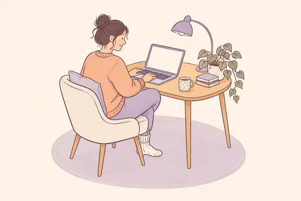 A person in a peach sweater sits sideways in a cushioned chair at a rounded desk, working at an open laptop.
