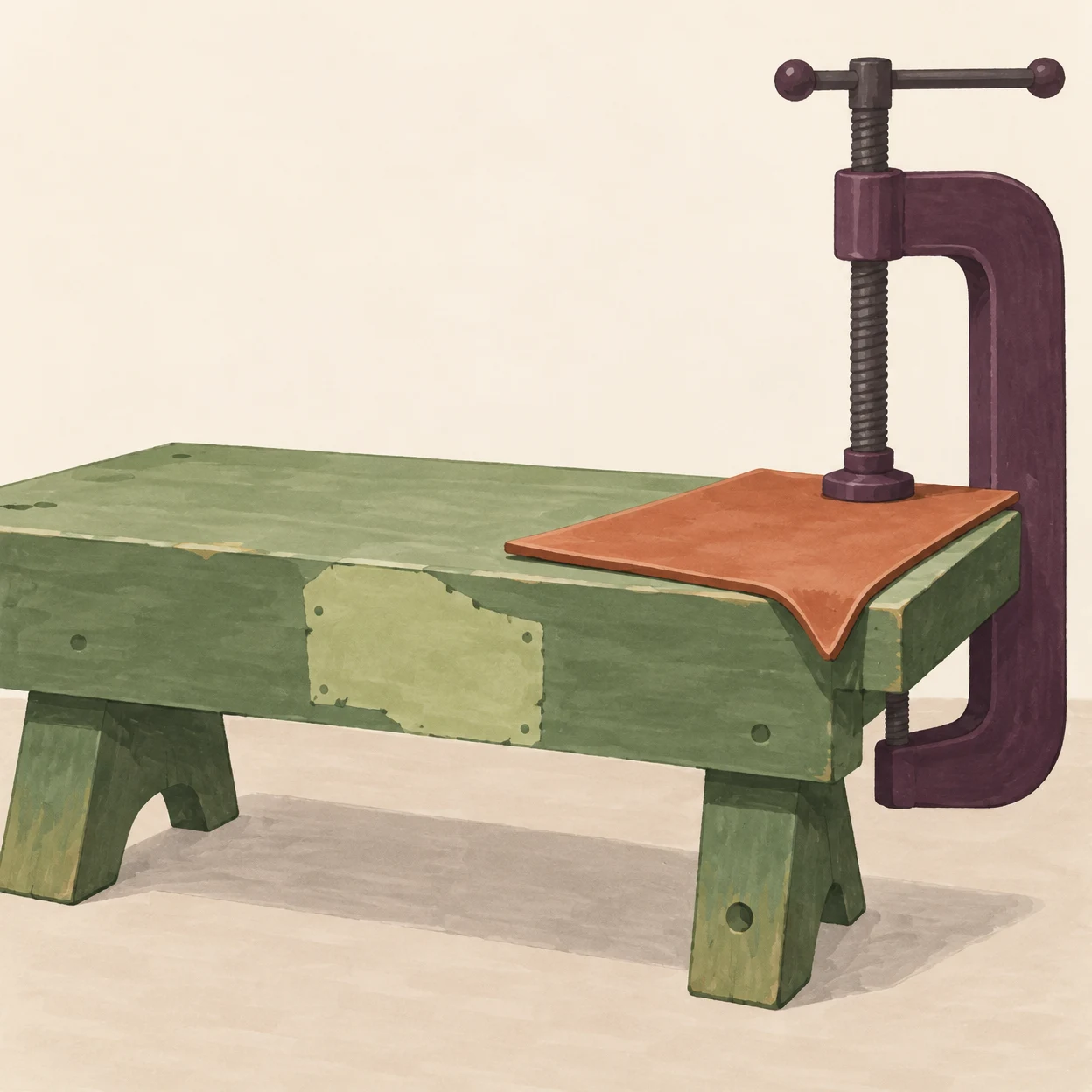 A sage-green wooden workbench with a pale repair patch holds a terracotta panel beneath a tall dark-plum C-clamp, against a warm cream background.