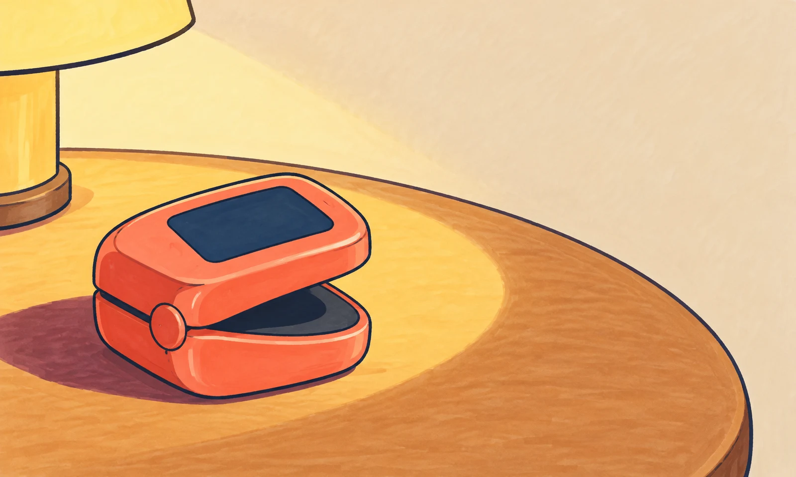 A coral clamshell-shaped fingertip sensor with a blank navy panel sits slightly open on a warmly lit round wooden tabletop, with a cropped lamp at the left and…