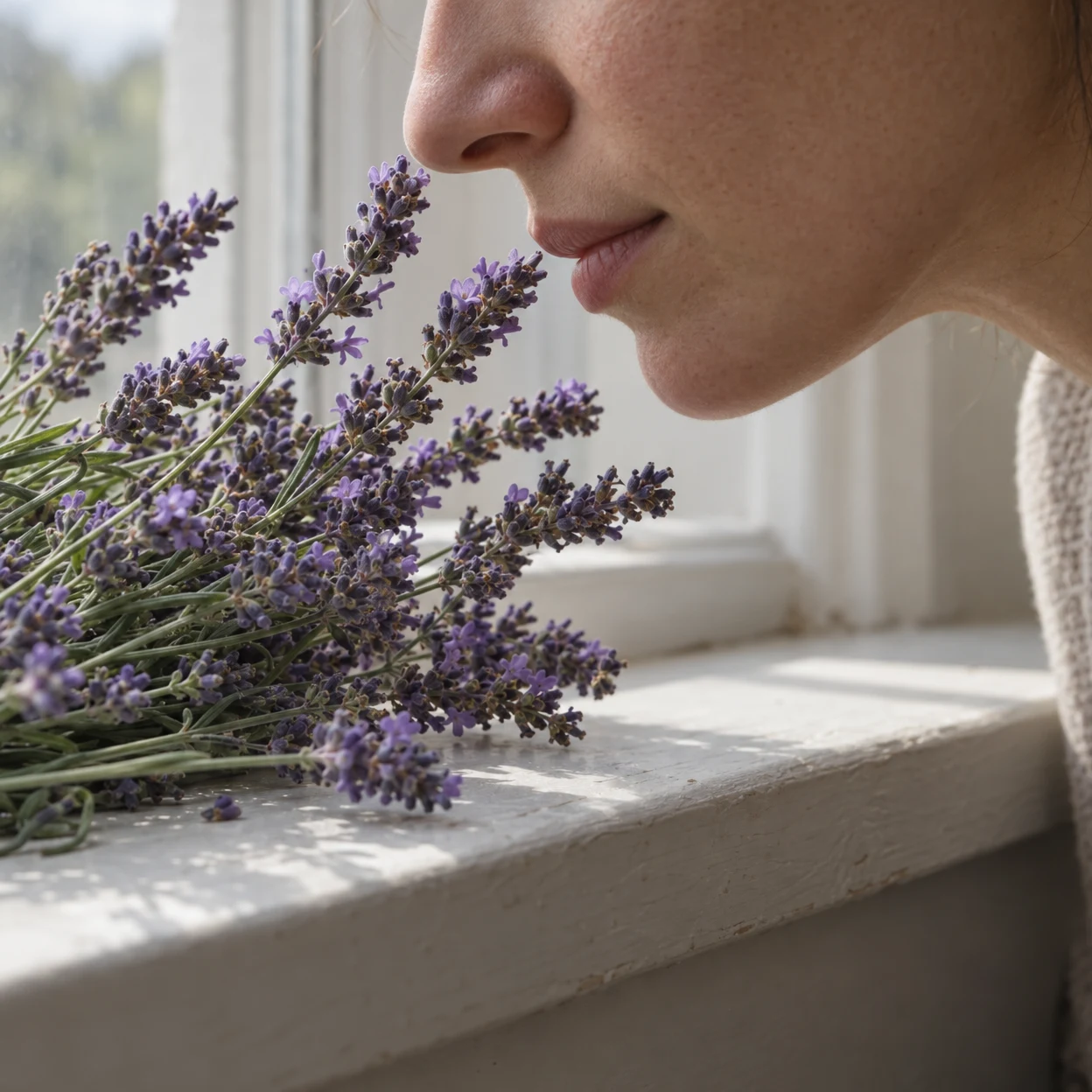 A close side view of an adult leaning toward a loose bunch of purple lavender on a pale painted windowsill beside a bright window.