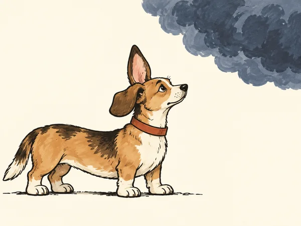 A tan, long-bodied dog with short sturdy legs and mismatched upright and floppy ears stands in side profile, looking up toward a large slate-blue cloud against…