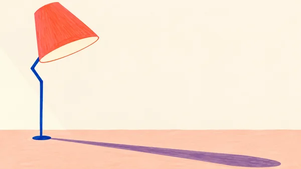 A tall floor lamp stands on the left against an ivory background, with a large tilted coral shade, an angular cobalt stem and a small oval base.