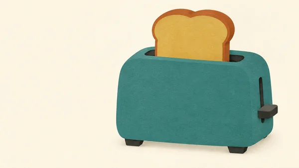 A broad teal toaster with a dark top slot and a mustard-centred slice of rust-crusted bread sits on a warm ivory background, leaving open space on the left.