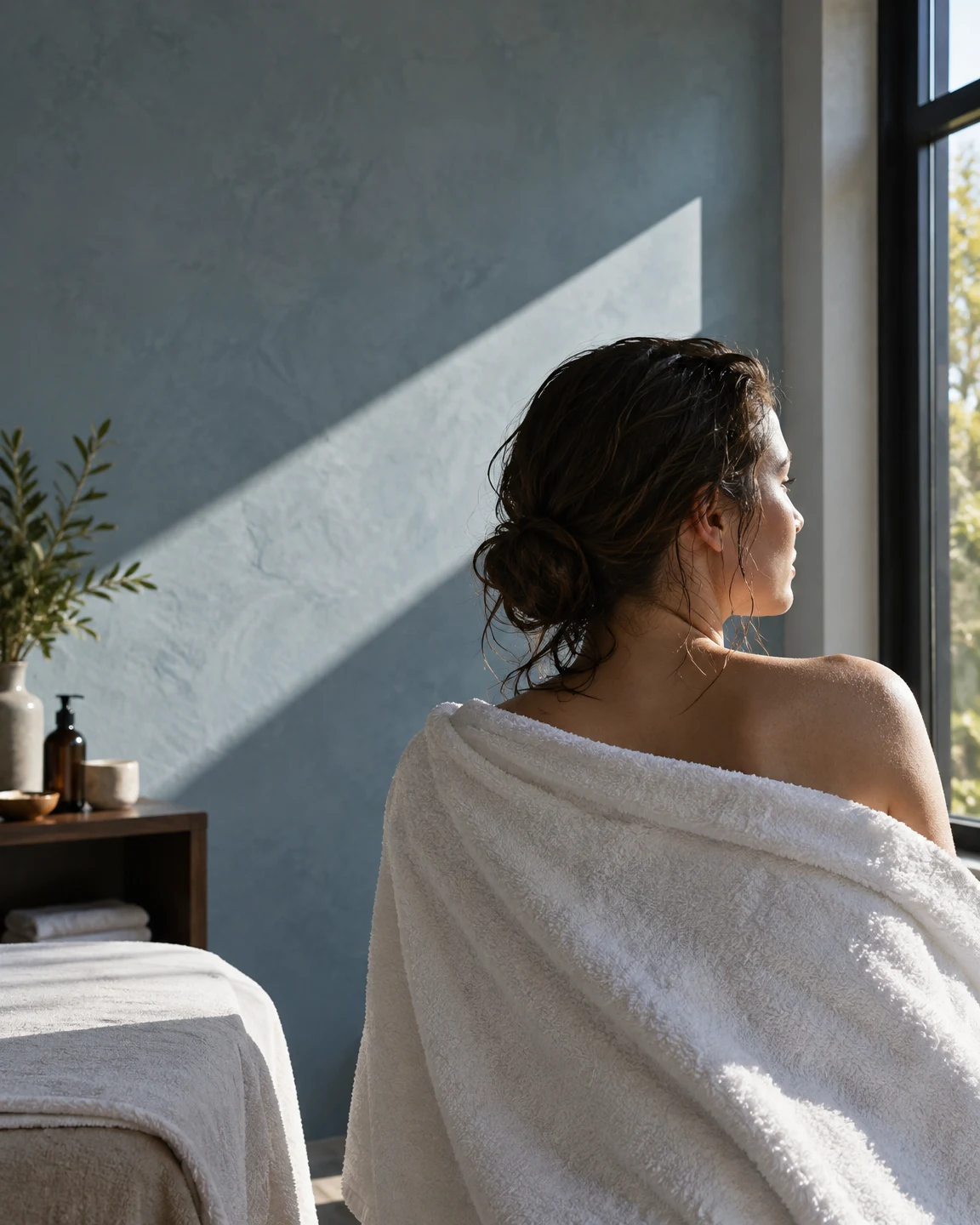 A woman with damp hair wrapped in a white towel turns toward a tall window in a spa treatment room.