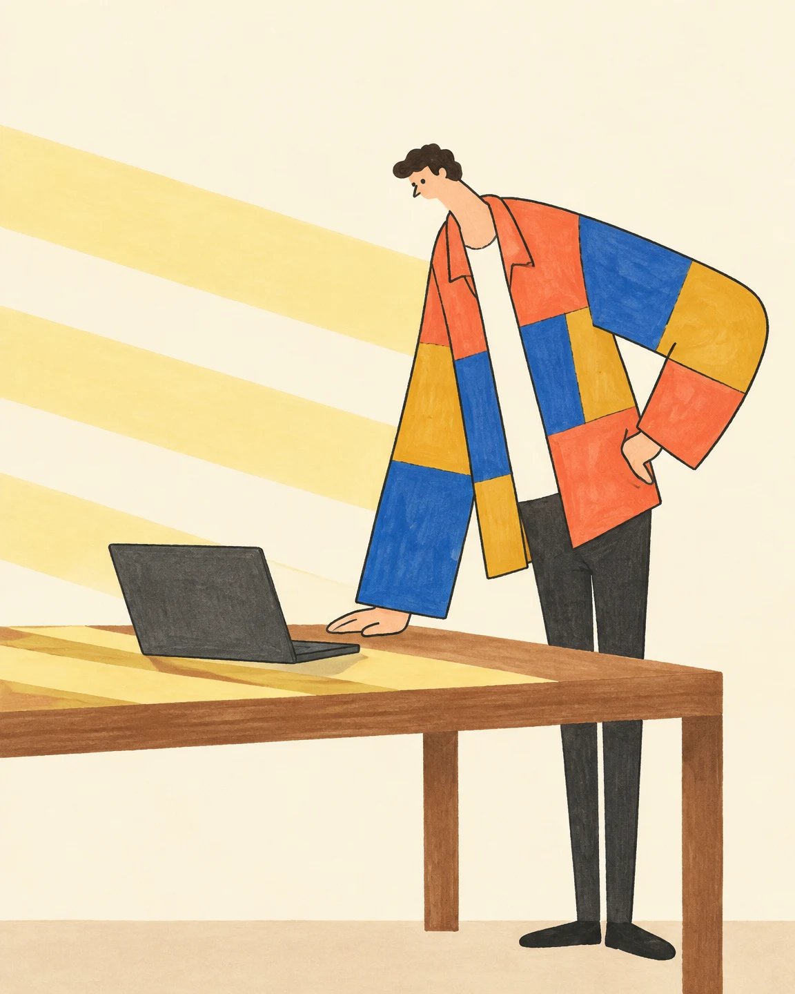 A small-faced figure in a multicoloured patchwork jacket leans over an open laptop behind a wooden worktable, with broad pale-yellow diagonal bands across the…