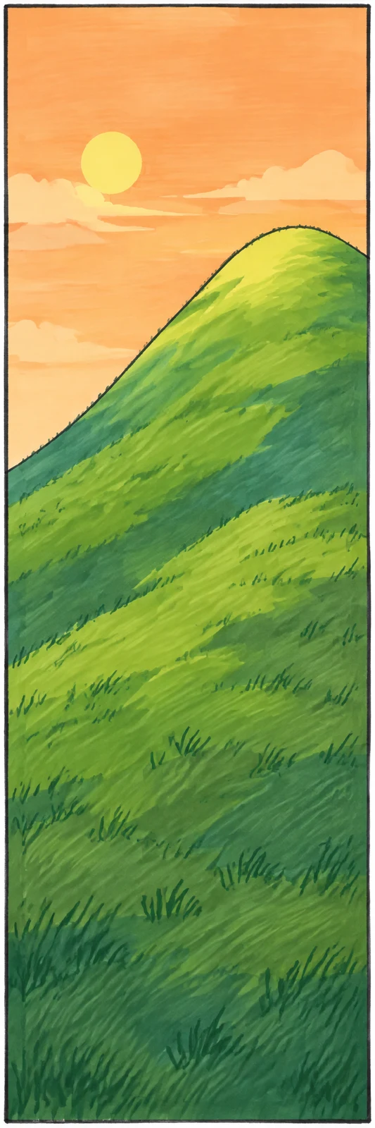 A tall marker-style illustration shows a large green grassy hill rising from the lower left to a rounded crest on the right, beneath an apricot sky with a…