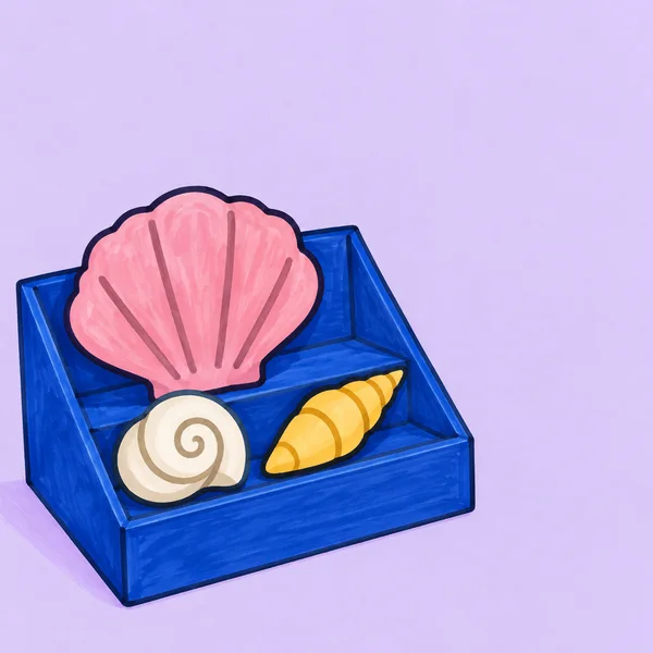 A hand-drawn marker illustration of a cobalt-blue open display box holding a large pink fan-shaped shell, a white spiral shell and an elongated yellow pointed…